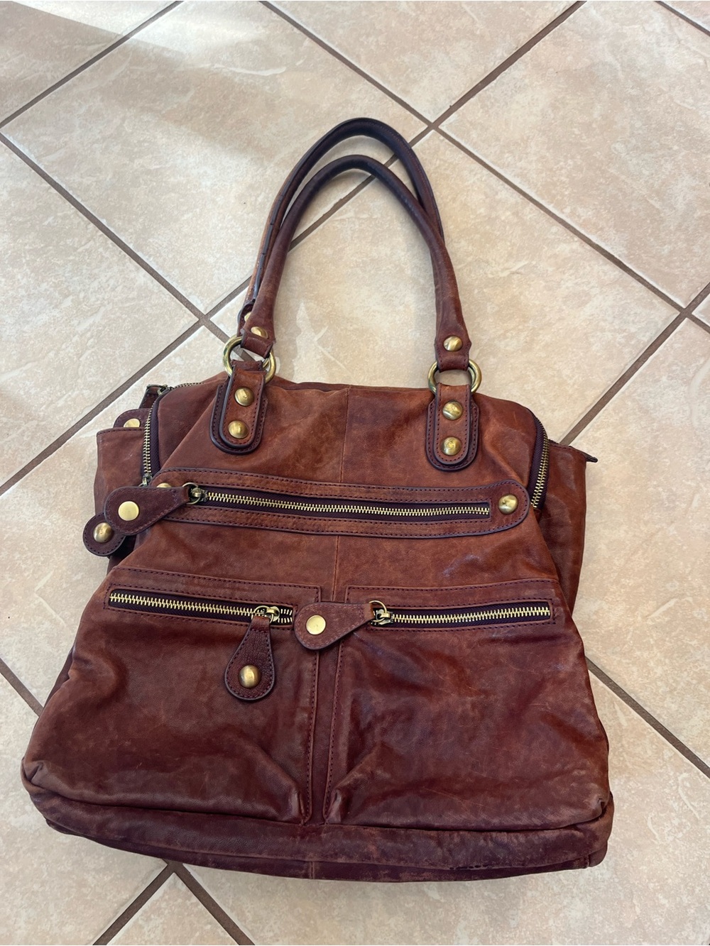 Vintage genuine Leather Tote Bag with Dual Zipper Pockets